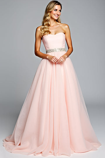 Robe de bal en tulle une ligne sans bretelles rose clair avec perles